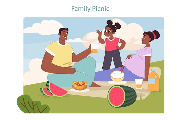 happy family on a picnic kid with dad and pregnant mom eating