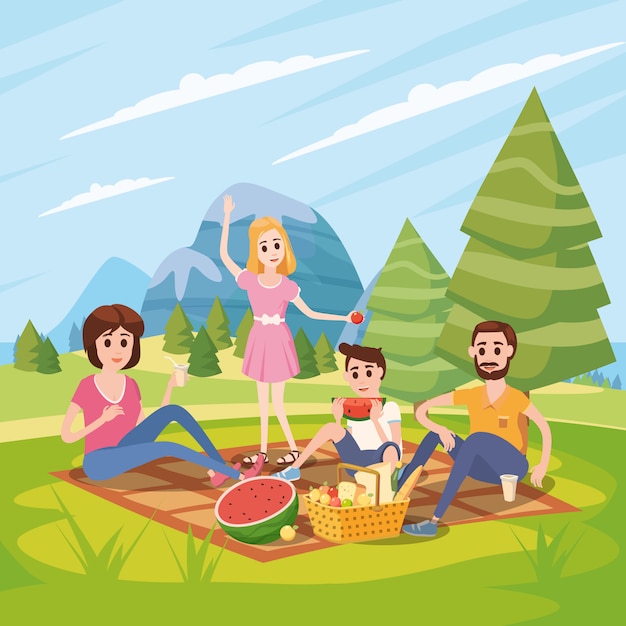 Happy family on a picnic, park, outdoor. Dad, mom, son and daughter are resting and eat in nature, forest.