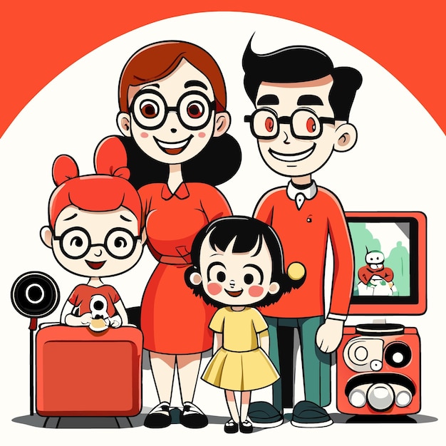 Счастливая семейная фотография, смотрящая телевидение Векторная иллюстрация мультфильма