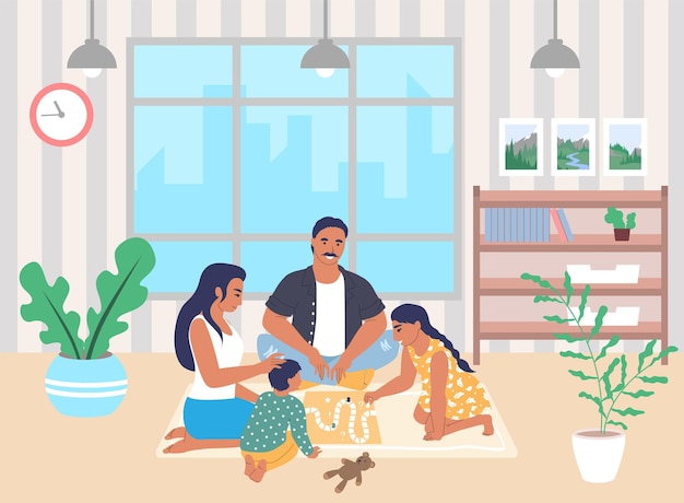 Vector happy family playing board game together sitting on the floor in living room flat vector illustratio