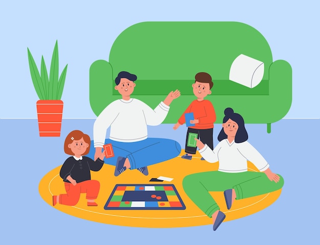 Vector happy family playing hobby game at home flat vector illustration. mother, father, son and daughter sitting on floor in living room, having fun together. board game concept