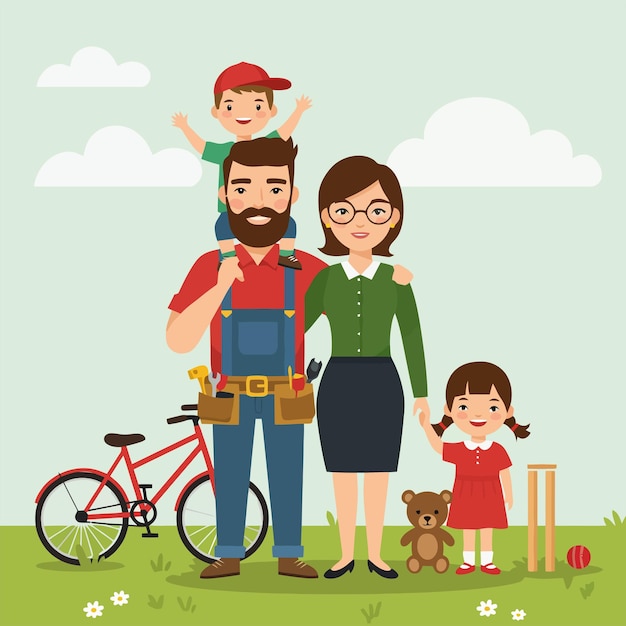 子供と自転車と一緒に屋外で幸せな家族の肖像画