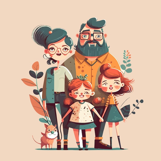 Vector happy family portrait with kids parent love modern flat vector illustration