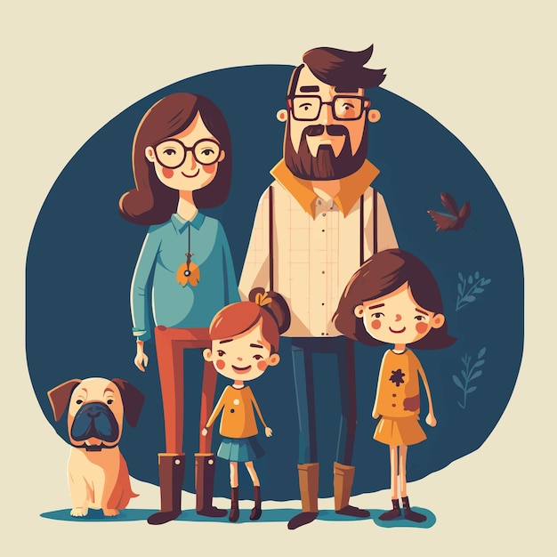 아이 부모 사랑 현대 평면 벡터 일러스트와 함께 행복한 가족 초상화