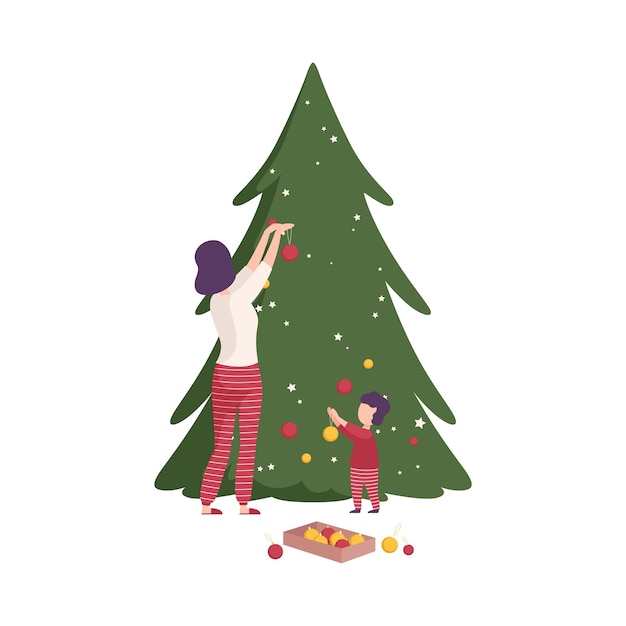 Vector happy family preparing for new year holiday celebration vector illustration