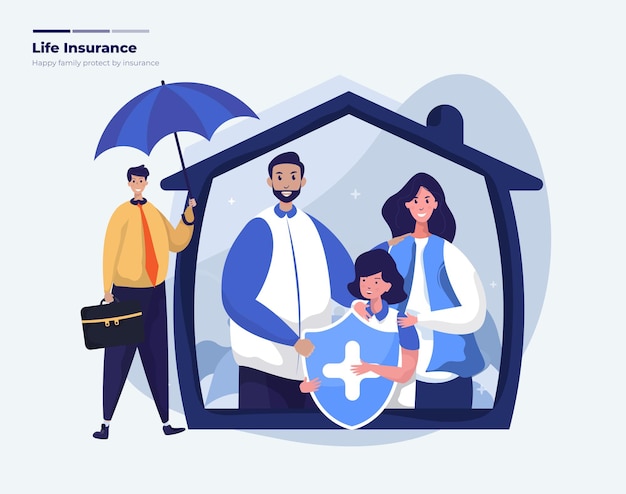 Premium Vector | Happy family protect with life insurance illustration