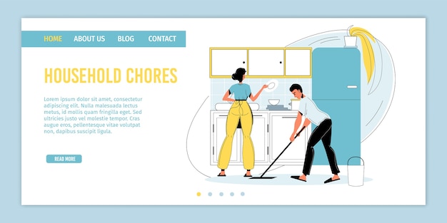 Vector happy family regular household chore. man woman married couple washing dishware, mopping floor. daily housekeeping routine, everyday kitchen duty. domestic work, hygiene. landing page .