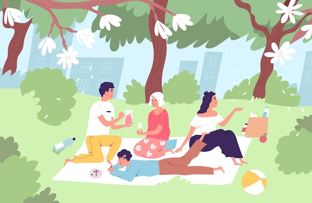 Happy family relaxing on picnic blanket in city park in summer. Old granny, mom, dad and son spending leisure time together outdoors. People enjoying summertime in nature. Flat vector illustration.