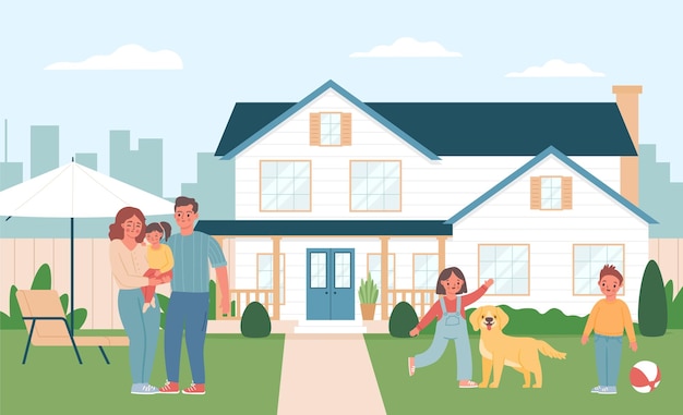 Happy family rest weekend at home yard family happy weekend near house illustration vector spend time with family