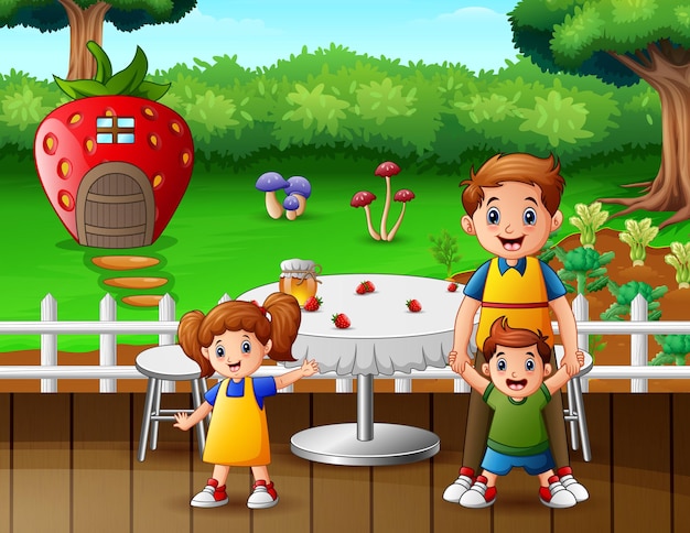 Happy family at the restaurant illustration