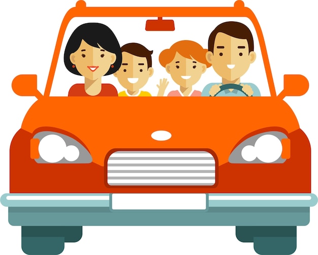 Happy family rides travel in red car front view