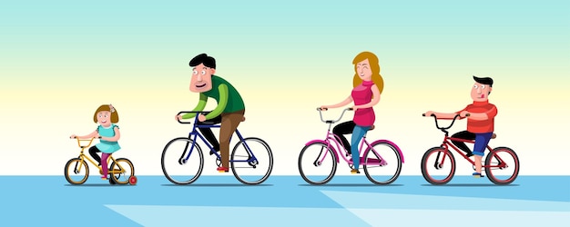 Vector happy family riding bicycle together mother and father with kids outdoor enjoying in bike driving people riding on bicycles in the park active family vacation