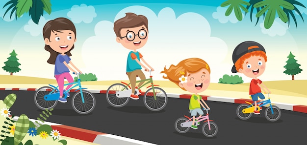 Happy family riding bicycle together