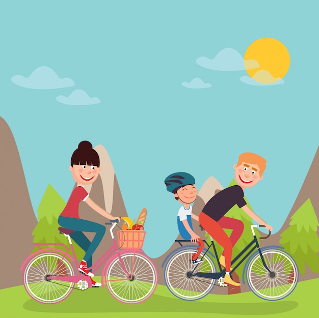 Happy family riding bikes in tho mountains. donna in bicicletta. padre e figlio.