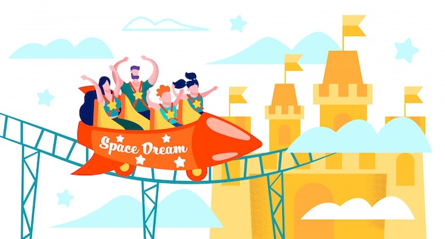 Happy family riding on roller coaster flat vector