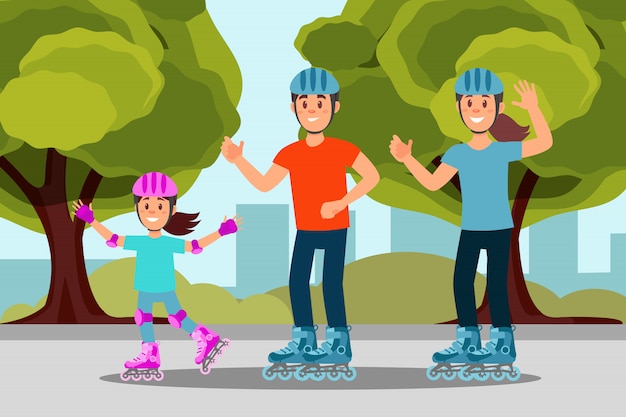 Happy family riding roller skate in park. outdoor activity. trees, bushes and city buildings on background. flat   design