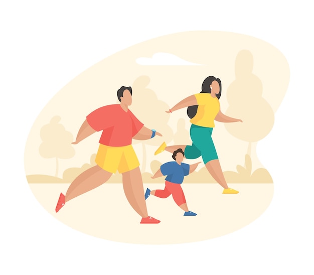 一緒に走っている幸せな家族。漫画のキャラクターの父母と息子がアウトドアスポーツのためにジョギング。基本的なアクティブで健康的なスポーツライフスタイル。フラットベクトル図