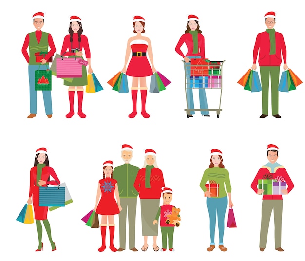Vector happy family in santa hats with shopping bag and gift