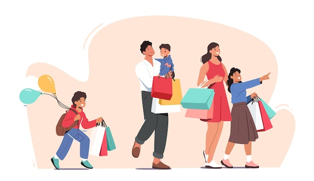 Happy Family Shopping. Father, Mother and Little Kids Holding Paper Bags and Balloons Visiting Supermarket for Purchases, Children with Parents in Shop Market on Weekend. Cartoon Vector Illustration