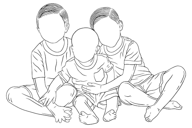 Vector happy family sibling daughter and son love kids friends baby children younger brother and sister line art hand drawn style