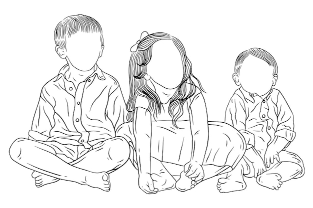 Vector happy family sibling daughter and son love kids friends baby children younger brother and sister line art hand drawn style
