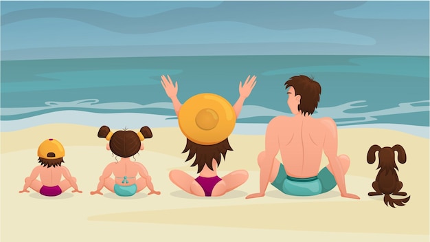 Happy family sits on the beach and looks out to sea View from the back Cartoon Vector illustration