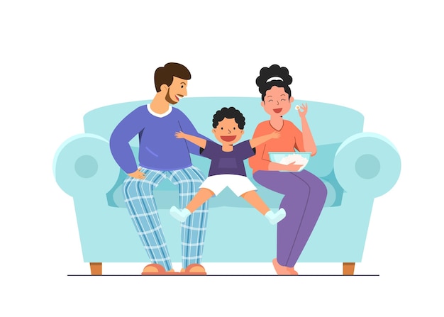 Vector happy family sitting on the couch watching tv