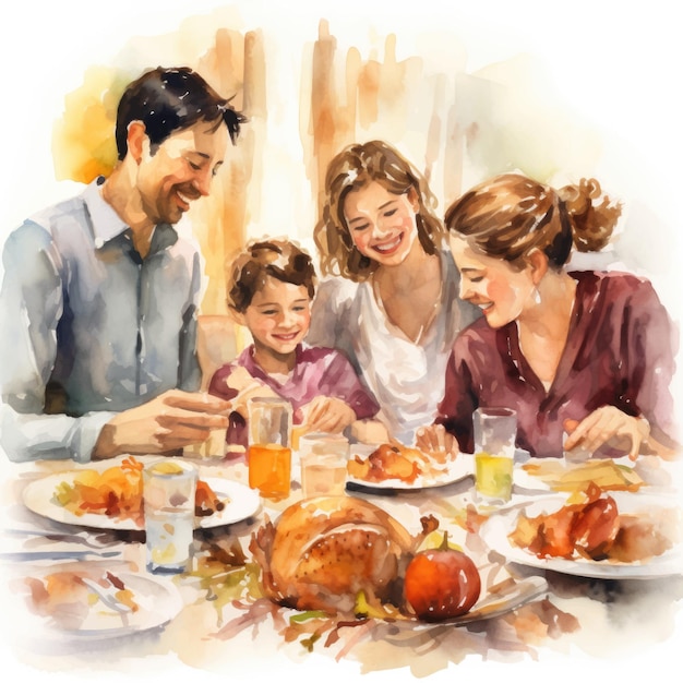Happy family sitting at the dining table Watercolor painting illustration