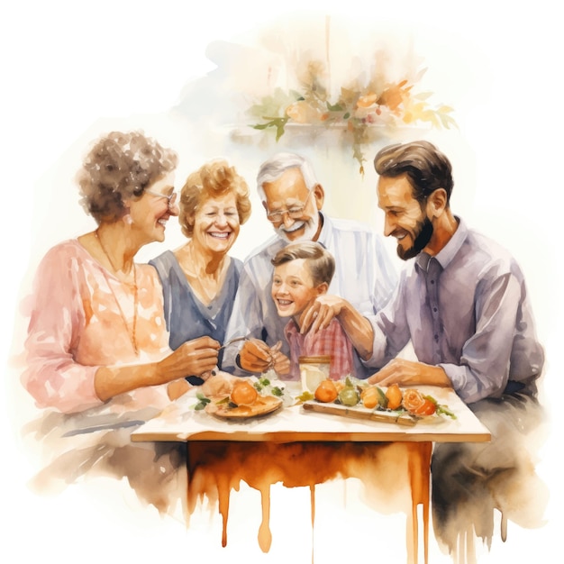 Happy family sitting at the dining table Watercolor painting illustration