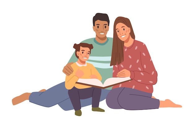 Vector happy family sitting on floor and reading book