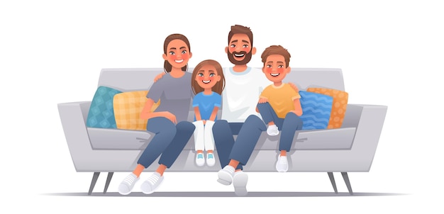 Счастливая семья сидит на диване Мама папа сын дочь улыбается сидя на диване счастье любовь комфорт