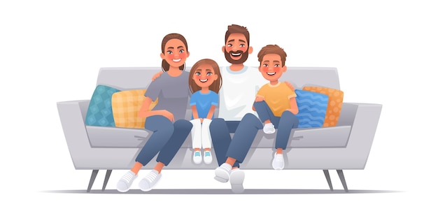 Happy family sitting on sofa mom dad son daughter smiling sitting on couch happiness love comfort