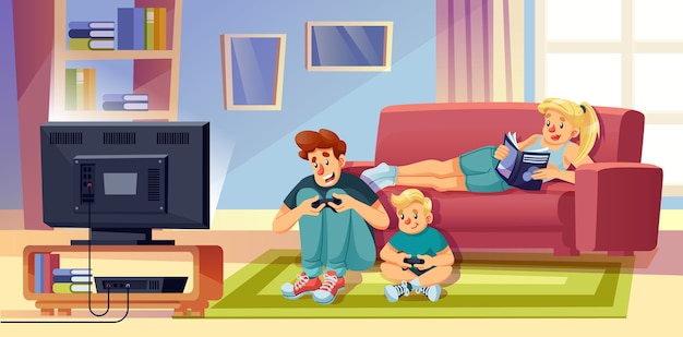 Happy family spend time. parent, kid relaxing together on summer holidays weekend. father, son playing video game. mother reading book on sofa. stay at home on quarantine self-isolation