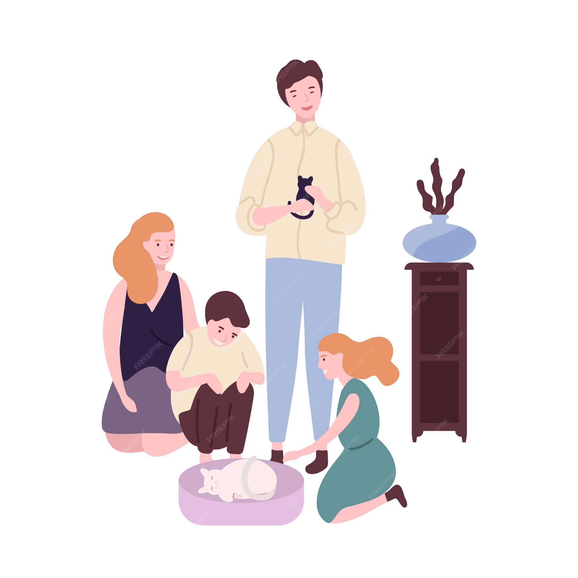 Premium Vector | Happy family spending time together. funny mom, dad, son and daughter taking care about cat and kitten. cute parents and kids at home. leisure activity. flat cartoon colorful illustration. Premium Vector | Happy family spending time together. funny mom, dad, son and daughter taking care about cat and kitten. cute parents and kids at home. leisure activity. flat cartoon colorful illustration.