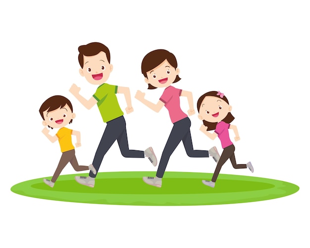 Vector happy family sport activity mother father and kid doing morning exercise at home dad mom and little