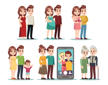 Premium Vector | Happy family stages. cartoon kid parents, young mom father  and baby. isolated pregnant woman, couple with newborn, video call with  son. male female different ages vector illustration