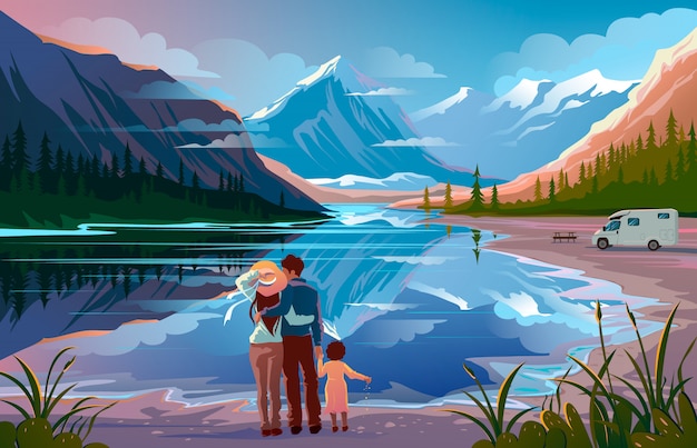 Счастливая семья, стоя возле озера, глядя в сторону