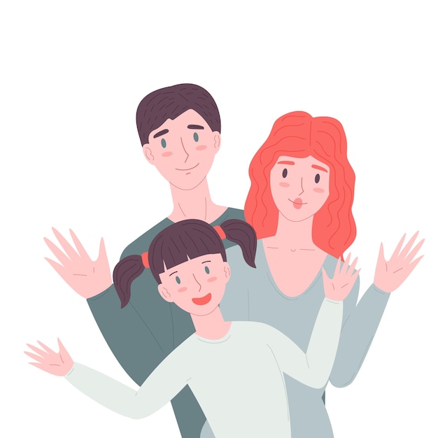 Vettore famiglia felice in piedi insieme madre, padre e figlio, agitando la mano stock vector flat cartoon