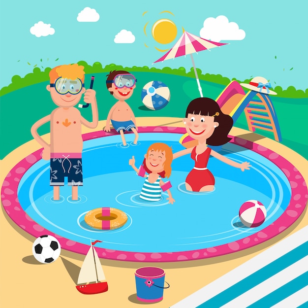 Famiglia felice in piscina. genitori e bambini sorridenti divertendosi sulle vacanze estive.