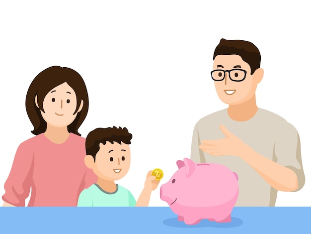 happy family teaching son about money saving with piggy bank financial literacy concept for kids and parents