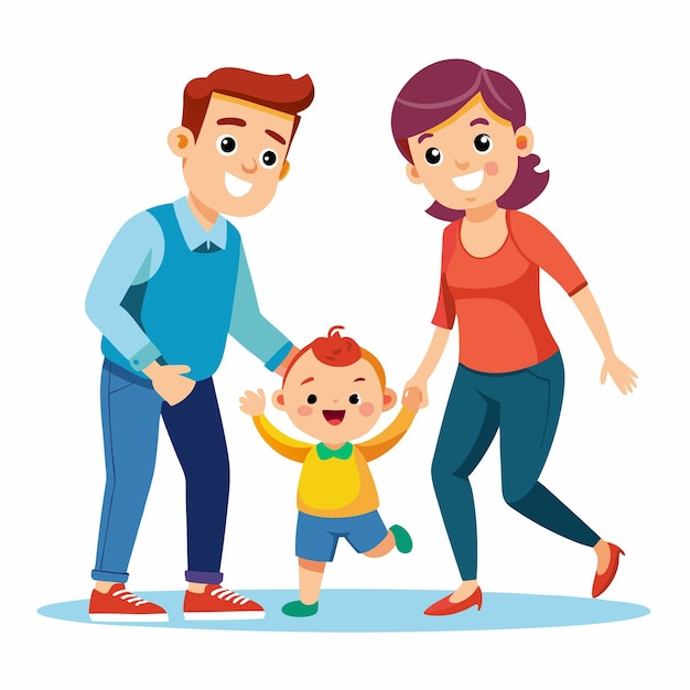 happy family of three a father a mother and a little boy are walking together