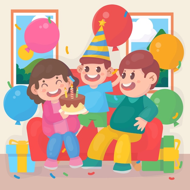 Vettore la famiglia felice insieme festeggia un compleanno con palloncini e torta regali