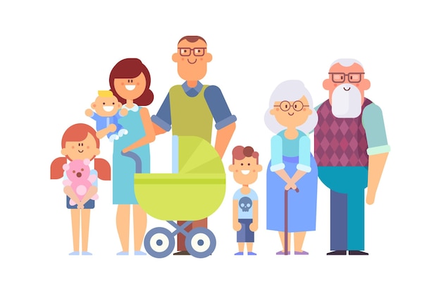 Happy family together flat vector illustration parents with children grandparents