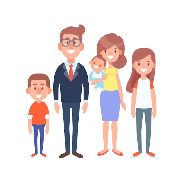 Happy family together flat vector illustration Parents with children isolated