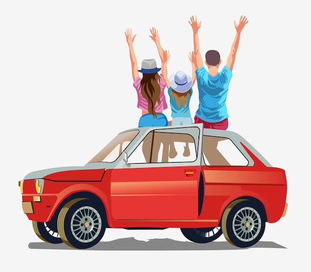 Happy family travel together. man woman and child sitting on roof of car with their hands.