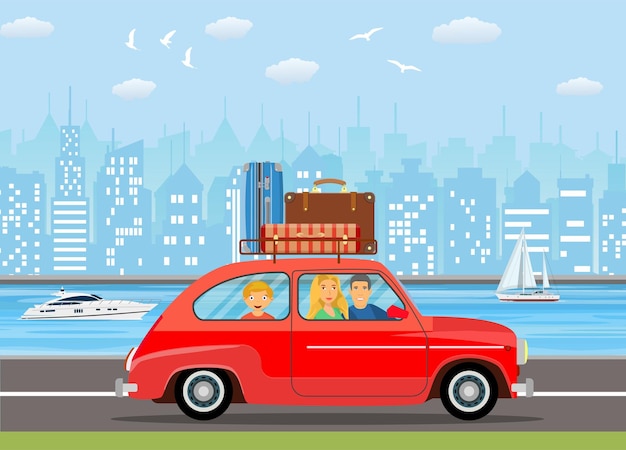 Vector happy family traveling by car