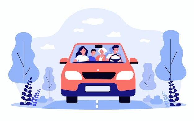 Vector happy family travelling in car isolated flat