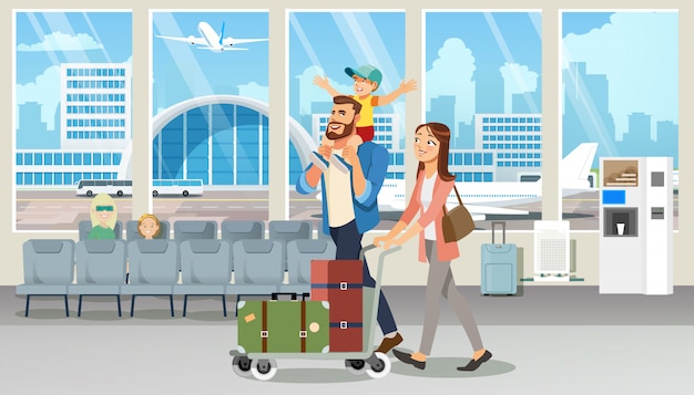 Vector happy family vacation trip flight cartoon vector