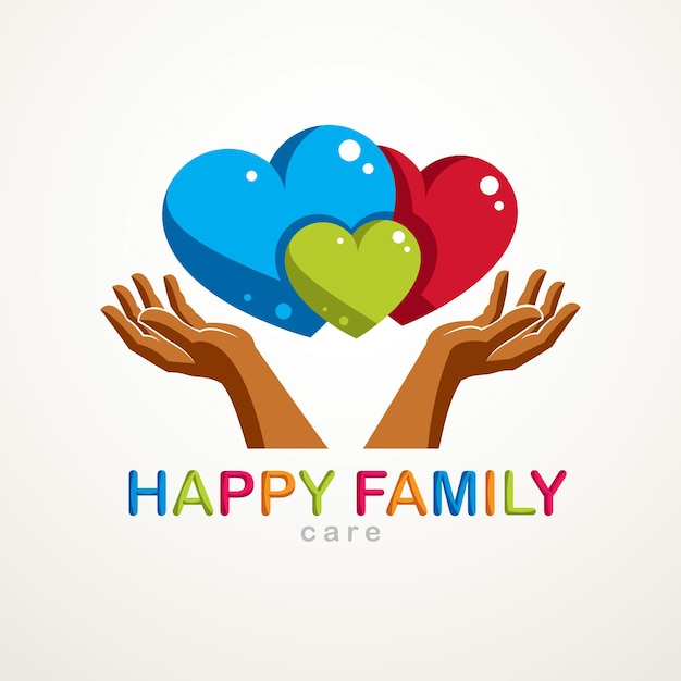 Logo o icona di vettore di famiglia felice creato con tre cuori colorati di diverse dimensioni e mani di cura. relazione tenera e amorevole di padre, madre e figlio. insieme come un unico sistema di relazioni.