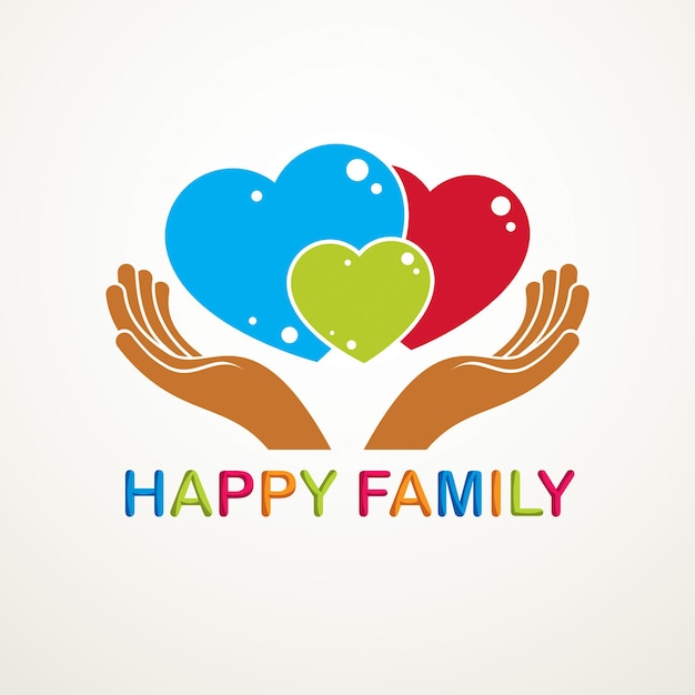 행복한 가족 벡터 로고 또는 아이콘은 다양한 크기와 보살핌의 세 가지 다채로운 하트로 만들어졌습니다. 아버지, 어머니, 자녀의 다정하고  사랑스러운 관계. 하나의 관계 시스템으로 함께. | 프리미엄 벡터